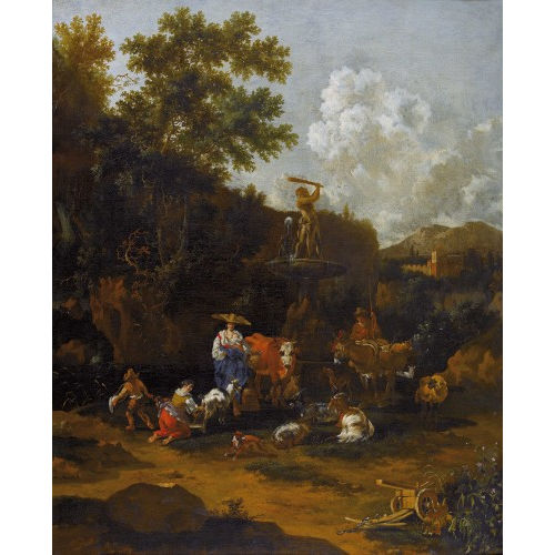 JOHANNES VAN DER (AUCH BENT BENT : Italienische Landschaft mit Bauern am Herkulesbrunnen (DOBIASCHOFSKY AUKTIONEN AG)