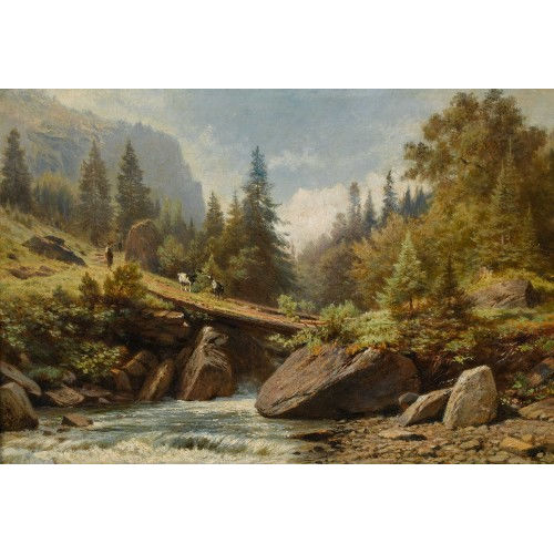 JOHANN JOSEPH GEISSER : Sommerlicher Bergbach mit Steg und Khen (DOBIASCHOFSKY AUKTIONEN AG)