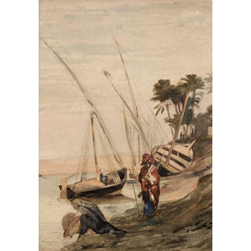 �DOUARD CASTRES : 'Personnages arabes et bateaux au bord d'un fleuve (Nil?)' (DOBIASCHOFSKY AUKTIONEN AG)