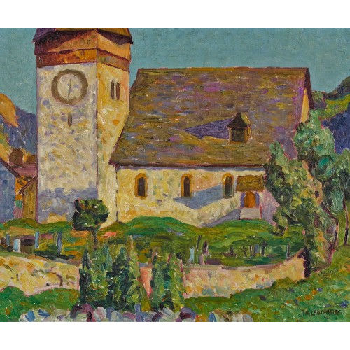 MARTIN LAUTERBURG : Sonnige Landschaft mit Kirche in Saanen (DOBIASCHOFSKY AUKTIONEN AG)