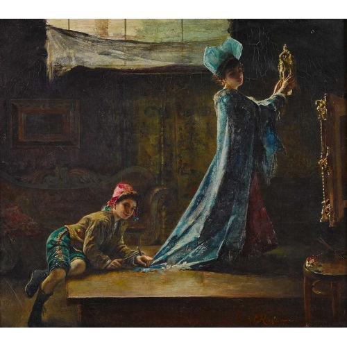 DOUARD FRDRIC WILHELM RICHTER : Dame mit blauem Kleid im Atelier (DOBIASCHOFSKY AUKTIONEN AG)