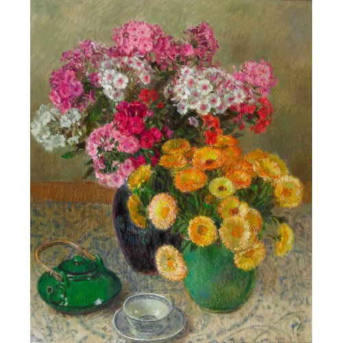 HENRI MARCEL ROBERT : Stillleben mit Blumen, Teekanne und Teetasse (DOBIASCHOFSKY AUKTIONEN AG)