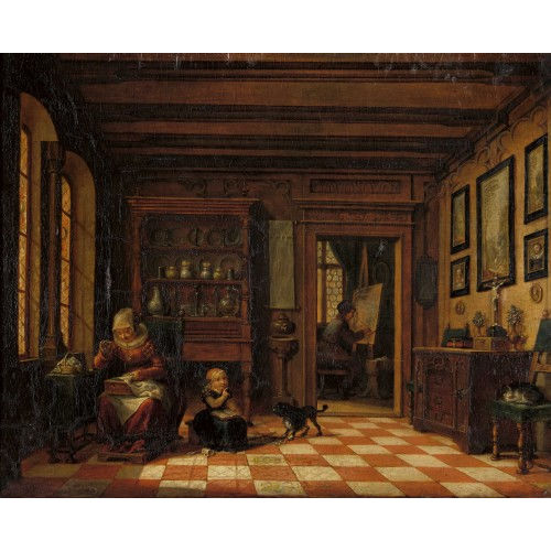 MAXIMILIAN NEUSTCK : Interieur mit Frau bei der Stickarbeit und Maler an der Staffelei (DOBIASCHOFSKY AUKTIONEN AG)