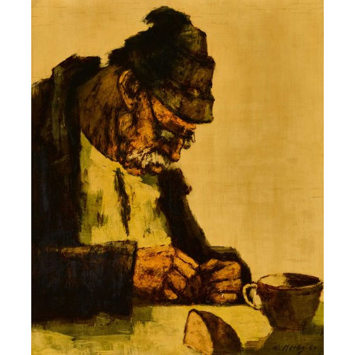 WALTER KREBS : Alter Mann mit Tasse und Brot am Tisch (DOBIASCHOFSKY AUKTIONEN AG)