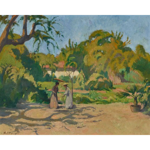 ARTHUR MORARD : Sonniger Garten mit zwei Frauen unter dem Sonnenschirm (DOBIASCHOFSKY AUKTIONEN AG)
