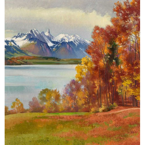 MARCUS JACOBI : Herbstlicher Thunersee mit Stockhorn (DOBIASCHOFSKY AUKTIONEN AG)