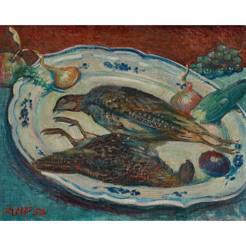 ALFRED HEINRICH PELLEGRINI : Stillleben mit erlegten Rebh�hnern auf Fayenceplatte (DOBIASCHOFSKY AUKTIONEN AG)