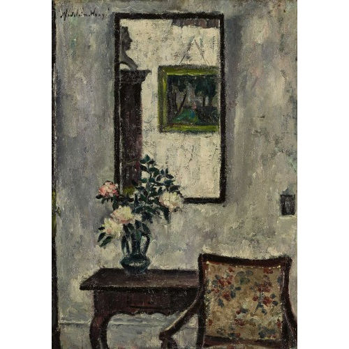 MADELEINE WOOG : Interieur mit Spiegel, Blumenstrauss und Armlehnstuhl (DOBIASCHOFSKY AUKTIONEN AG)