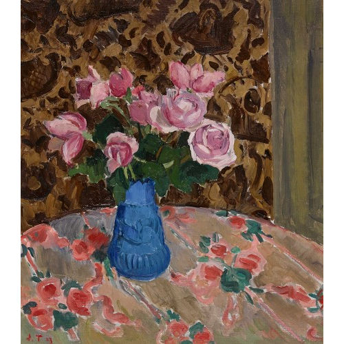 JOHN TORCAPEL : 'Bouquet roses dans vase bleu' (DOBIASCHOFSKY AUKTIONEN AG)