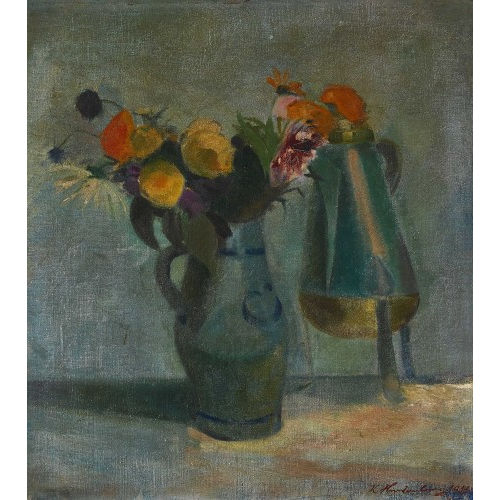 CHARLES HINDENLANG : Stillleben mit Blumen, Steinzeugkrug und Ankerkanne (DOBIASCHOFSKY AUKTIONEN AG)