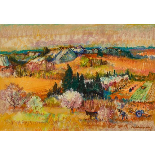 ARMIN SCHWARZENBACH : Sommerliche Landschaft mit Bauern bei der Feldarbeit (DOBIASCHOFSKY AUKTIONEN AG)