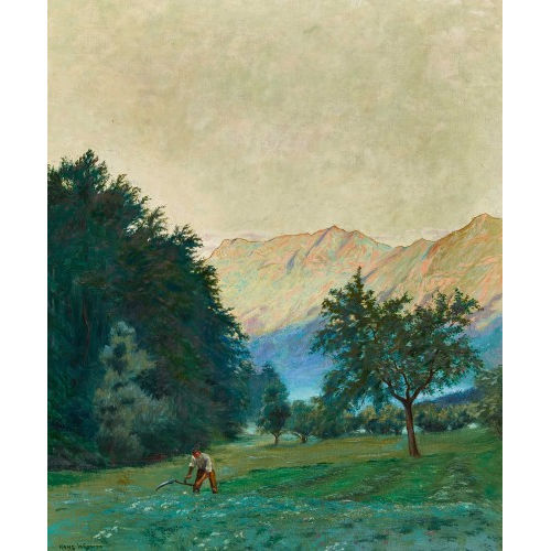 HANS WIDMER : Berglandschaft mit Bauer beim M�hen (DOBIASCHOFSKY AUKTIONEN AG)