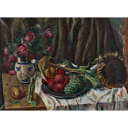 HERMANN HUBER : Stillleben mit Rosen, Sonnenblume und Fr�chten (DOBIASCHOFSKY AUKTIONEN AG)
