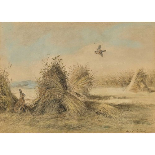 XAVIER DE PORET : Herbstliches Feld mit Hase und Ente (DOBIASCHOFSKY AUKTIONEN AG)