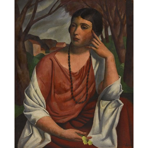 PAUL TH�OPHILE ROBERT : Portr�t einer nachdenklichen Dame vor Landschaft (DOBIASCHOFSKY AUKTIONEN AG)