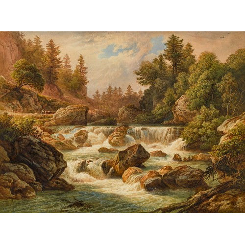 FRIEDRICH HORNER : Waldlandschaft mit Wasserfall bei Courrendlin (DOBIASCHOFSKY AUKTIONEN AG)