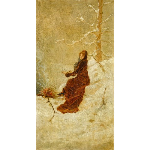 MAURICE DELCOURT : Winterlandschaft mit eleganter Dame am Feuer (DOBIASCHOFSKY AUKTIONEN AG)