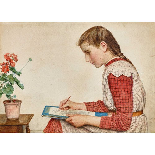 ALBERT ANKER : M�dchen beim Abzeichnen einer Geranie (DOBIASCHOFSKY AUKTIONEN AG)