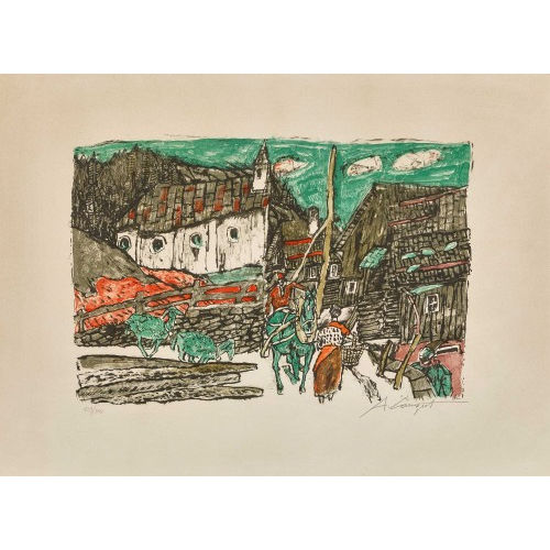 ALOIS CARIGIET : 'Kleine Dorfstrasse in Clavadi' (DOBIASCHOFSKY AUKTIONEN AG)
