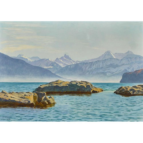 PLINIO COLOMBI : Thunersee bei Spiez mit Schreckhorn, Eiger und M�nch (DOBIASCHOFSKY AUKTIONEN AG)