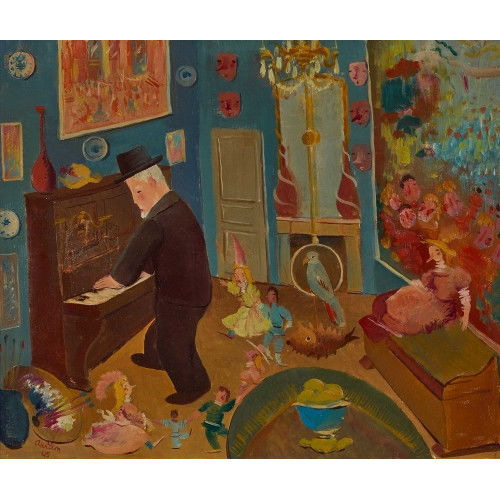 ADRIEN : Interieur mit Klavierspieler, Malerpalette und Papagei (DOBIASCHOFSKY AUKTIONEN AG)