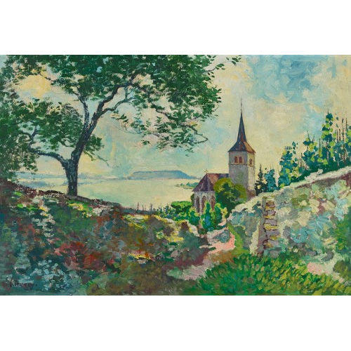 JAN PIETER TERWEY : Die Kirche von Ligerz mit dem Bielersee (DOBIASCHOFSKY AUKTIONEN AG)