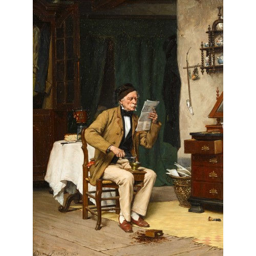 GERARD JOSEPH PORTIELJE : Alter Mann vertieft in die Zeitungslekt�re und beim Kaffee mahlen (DOBIASCHOFSKY AUKTIONEN AG)