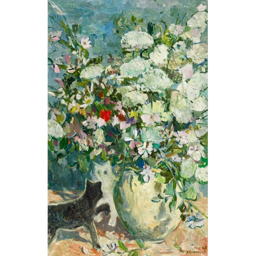 FERNAND GIAUQUE : Blumenbouquet mit zwei Katzen (DOBIASCHOFSKY AUKTIONEN AG)