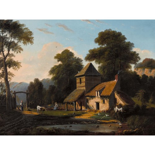 L�ON GAUD : Idyllische Bauernhofszene mit B�uerinnen im Abendlicht (DOBIASCHOFSKY AUKTIONEN AG)