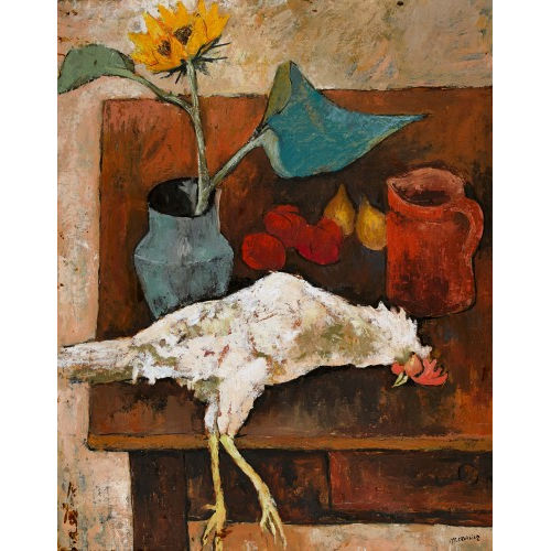 CHARLES MONNIER : Tischstillleben mit Huhn und Sonnenblume (DOBIASCHOFSKY AUKTIONEN AG)