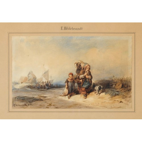 EDUARD HILDEBRANDT : Strandpartie mit heimkehrender Mutter und Kind (DOBIASCHOFSKY AUKTIONEN AG)