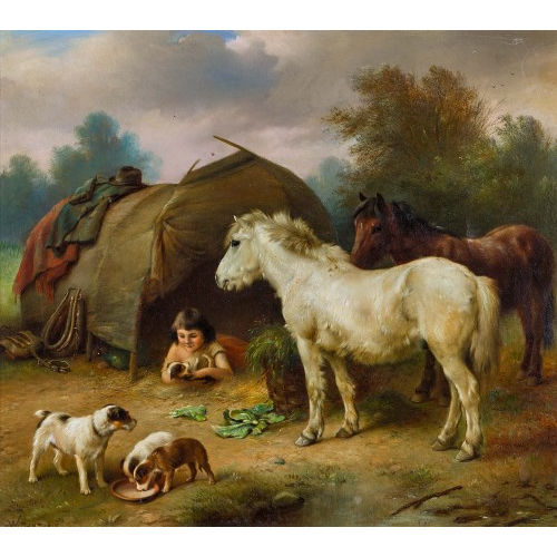WALTER HUNT : Mdchen, Pferde und Hundewelpen vor einem Zelt (DOBIASCHOFSKY AUKTIONEN AG)