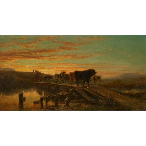 PIERRE ALEXANDRE JEANNIOT : Viehherde auf Holzbr�cke im Abendlicht (DOBIASCHOFSKY AUKTIONEN AG)