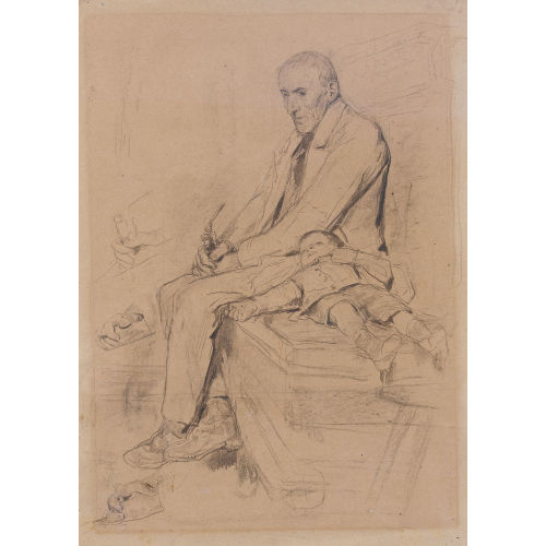 ALBERT ANKER : Sitzender Grossvater mit schlafendem Buben am Kachelofen (DOBIASCHOFSKY AUKTIONEN AG)