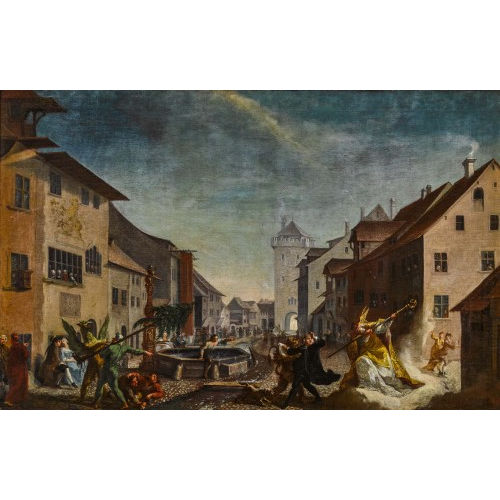 JOSEPH (AUCH ESPERLIN ESPERLING : Die Riehentorstrasse mit Greif, Wildmann, Pfarrer Buxdorf, L�we und Heiligem Theodor (DOBIASCHOFSKY AUKTIONEN AG)
