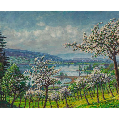 OSCAR NUSSIO : Bl�hende B�ume am Seeufer (DOBIASCHOFSKY AUKTIONEN AG)