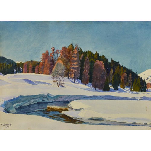 PLINIO COLOMBI : Sonnige Winterlandschaft mit einem Bach (DOBIASCHOFSKY AUKTIONEN AG)