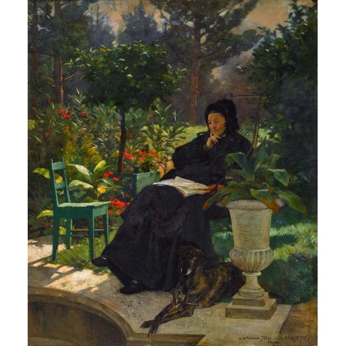 CHARLES GIRON : Nachdenkliche Dame mit Hund im sommerlichen Garten (DOBIASCHOFSKY AUKTIONEN AG)