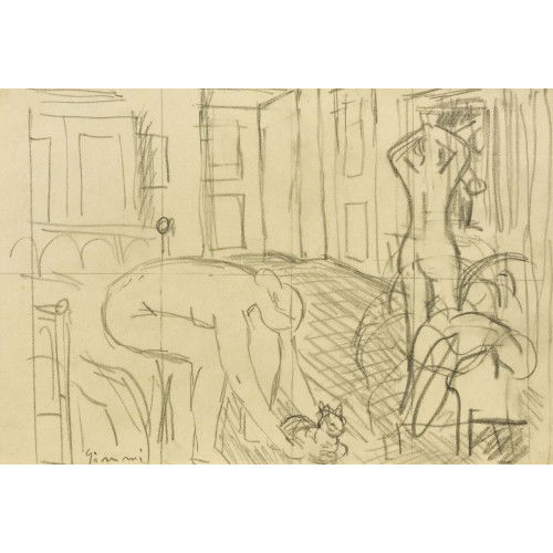 WILHELM GIMMI : Interieur mit unbekleideten Frauen und Katze (DOBIASCHOFSKY AUKTIONEN AG)