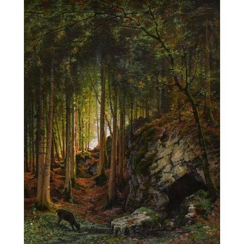 DOUARD JEANMAIRE : Waldinneres mit Reh am Bach (DOBIASCHOFSKY AUKTIONEN AG)
