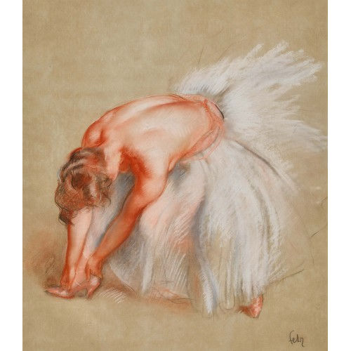 HENRI FEHR : Femme � la robe blanche ajustant son escarpin (DOBIASCHOFSKY AUKTIONEN AG)