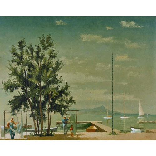 HERMANN PIEPER : Sonnige Uferlandschaft mit Fischern und Netzen (DOBIASCHOFSKY AUKTIONEN AG)