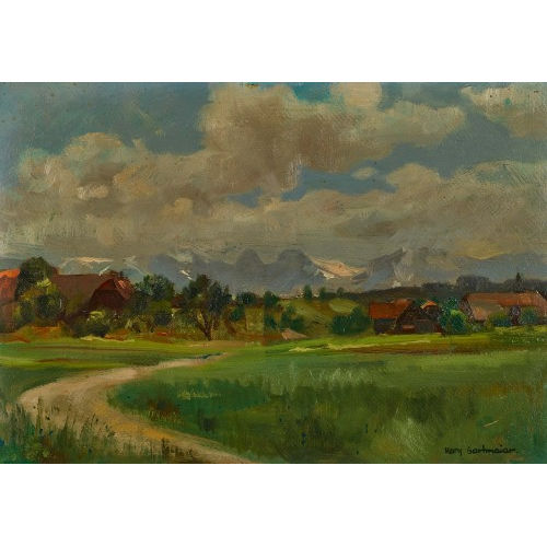 HANS GARTMEIER : Dorfpartie mit Berner Alpenpanorama (DOBIASCHOFSKY AUKTIONEN AG)