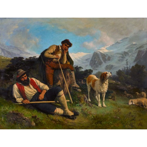 ALBERT DE MEURON : Ruhende Hirten vor Piz Bernina und Morteratschgletscher (DOBIASCHOFSKY AUKTIONEN AG)