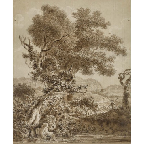 BALTHASAR ANTON DUNKER : Verwitterter Baum und Bauer mit Sense am Flussufer (DOBIASCHOFSKY AUKTIONEN AG)