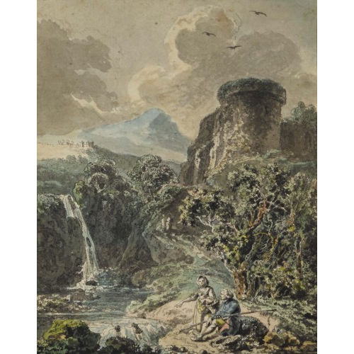 BALTHASAR ANTON DUNKER : Flusslandschaft mit Paar am Ufer und Burgruine (DOBIASCHOFSKY AUKTIONEN AG)