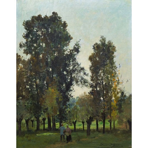 EDMOND CHARLES JOSEPH YON : Landschaft mit B�umen und Bauernpaar (DOBIASCHOFSKY AUKTIONEN AG)
