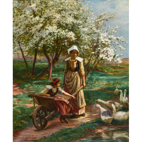 JULES GIRARDET : B�uerin mit Kind im Schubkarren und G�nsen (DOBIASCHOFSKY AUKTIONEN AG)