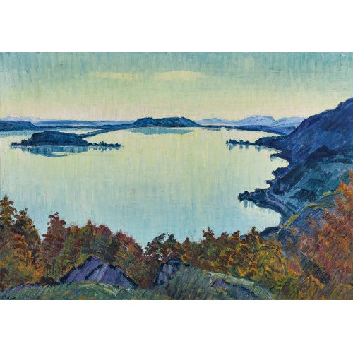 ERNST SAMUEL GEIGER : Der Bielersee mit St. Petersinsel in der Abendd�mmerung (DOBIASCHOFSKY AUKTIONEN AG)