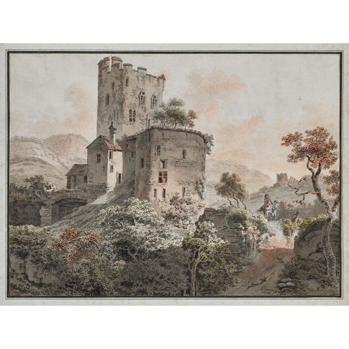 BALTHASAR ANTON DUNKER : Landschaft mit Burgruine und Reiter (DOBIASCHOFSKY AUKTIONEN AG)